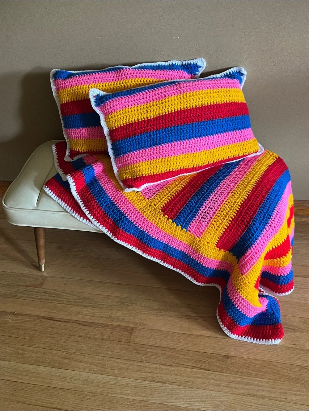 Handmade Striped Crochet Throw Blanket and 2 Pillow Set - Multicolor